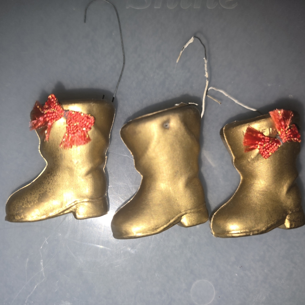 Lot Of 3 Vintage Gold Boot Ornaments with Red Bows